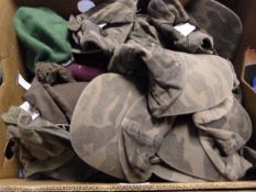 Box Containing Thirty Assorted Camouflage Caps, Berets, Etc