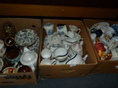 Three Boxes Containing Assorted Decorative China, Coronation Ware, Cake Stands, Sauce Boats, Etc