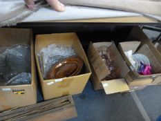 Five Boxes Containing Assorted Pink and Cut Glass, Brass and Copperware, Decorative China Plates,