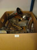 Mixed Box Containing Assorted Hurricane Lamps, Whistling Kettles, Blow Lamps, Hand Tools, Etc