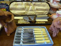 Bone Handle Carving Set, Two Terracotta Figurines and a Set of Fruit Knives