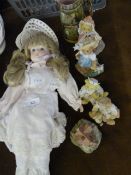 Porcelain Headed Doll, Decorative Teddy Bears and a Miniature Cottage