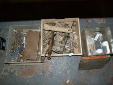 Three Boxes Containing Assorted Spanners, Sash Cord, Shelf Brackets, Etc