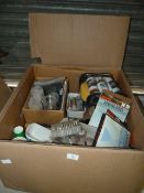 Box Containing Assorted Paints, Car Polishes, Flap Wheel Sanding Disks, Etc