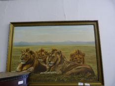 Gilt Framed Oil on Board by Sutton of Lions