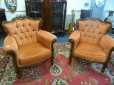 Pair of Walnut Framed Occasional Chairs Upholstered in Pink Drelon with Button Back