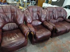 Oxblood Leather Three Piece Suite Comprising of Two Seat Settee and Two Matching Easy Chairs