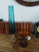 Blue Glass Decorative Vase and an Amber Glass Fruit Bowl