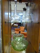 Etched Decanter, Green Fruit Bowl and a Claret Jug