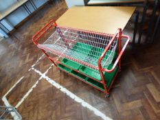 *Red Trolley Containing Plastic Trays and a Beech Top Table