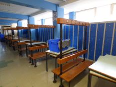 *Seven Tubular Steel and Hardwood Cloakroom Benches with Brass Coat Hooks