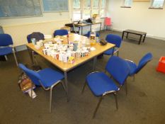 *Three Office Tables with Light Oak Tops and Eight Blue Stackable Chairs