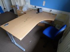 *L-Shape Silver Framed Desk in Light Beech Finish with Stand Alone Drawer Unit and a Blue Office