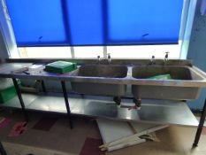*Stainless Steel Commercial Double Sink Unit with Draining Board, Pillar Taps and Under Shelf