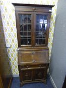 Small Oak Bureau Bookcase with Glazed Doors