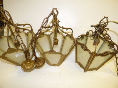 3 Brass and Glass Hanging Lamps