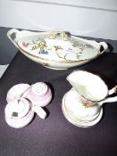 George Jones Tureen Cornflour, Pink Cruet Set, Worcester Plates and an Old Country Roses Jug