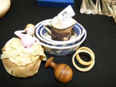 Blue and White Dishes, Ivory Napkin Rings, Etc