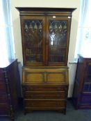 Oak Bureau Bookcase with Leaded Glass Doors