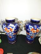 Pair of Large Blue Mantle Vases and a Rose Bowl