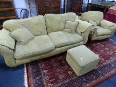 Upholstered Two Seat Settee and One Arm Chair with Footstool