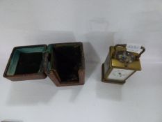 Brass Carriage Clock with Chime, Carriage Container, Box and Key (Makers Mark Faded)