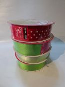 *FOUR ROLLS OF WIRE EDGE RIBBON (GREEN)