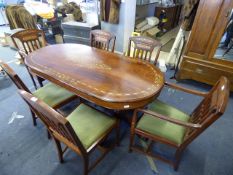 Solid Mahogany Oval Dining Table with Brass Inlay. Four Mahogany and Brass Inlaid Chairs Side Chairs
