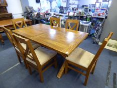Solid Teak Dining Table with Six Matching Cross Back Chairs with Upholstered Seats