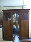 Edwardian Three Door Mahogany Wardrobe with Central Mirror and Carved Panels