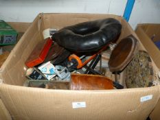Box of Various Vintage Scale Weights, Woodturning Box, Mastic Guns, Etc
