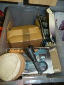 Box Containing Assorted Electric Power Tools, Cordless Drills, Abrasive Disks, Etc