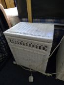White Painted Basket Linen Box with Contents and Two Table Lamps