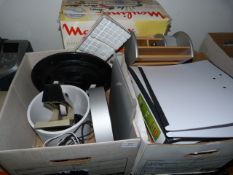 Three Boxes of Assorted Office Sundries Including Clocks, Apple Keyboard, Planters, Files, Desk