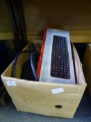 Box Containing Computer and Keyboard with a Blue Metal File Box