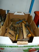 Box Containing Various Hand Tools Including; Hammers, Hacksaws, Rubber Mallets, Etc
