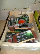 Box Containing Assorted Abrasive Belts and Disks