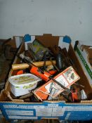 Box Containing Various Wire Brushes, Rubber Mallets, Hand Tools, Etc