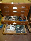 Nine Drawer Wood Chest Containing Tapson Dyes, Threaded Bar, Engineer's Tools, Micrometres, Etc