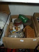 Box Containing Hand Drills, Webbing Belts, Glass Jars, Screws, Etc