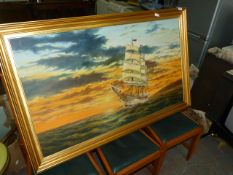 Gilt Framed Oil on Canvas of a Galleon at Sea