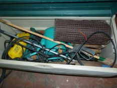 Garden Storage Box Containing Assorted Garden Tools, Hose Pipes, Pressure Washer, Etc