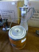 Glass Claret Jug and Wooden Biscuit Barrel