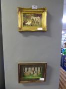 Small Gilt Framed Oil of a Donkey and Ducks with 3D Picture of Rabbits