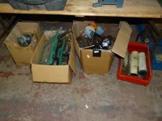 Four Boxes Containing Assorted Tools, Lamps, Cordless Drills, Etc