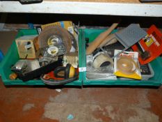 Two Boxes Containing Various Building Materials , Lead Dressing Tools, Extension Leads, Circular Saw