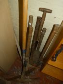 Assorted Ground Work Tools Including: Rakes, Picks, Shovels and Sledge Hammers