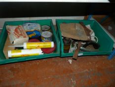 Two Boxes Containing Assorted Linseed Oil, Paints, Sealants, Etc