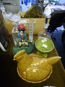 Assorted Decanters, Door Stops, Ceramic Chicken etc