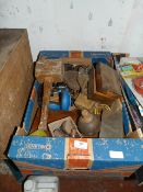 Box Containing Ear Defenders, Mallets, Vintage Furniture Knobs, Etc